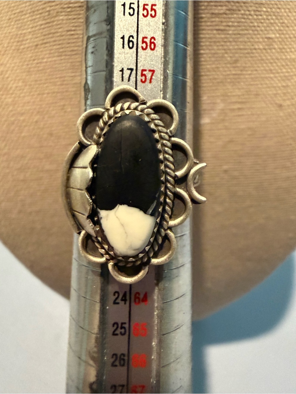White buffalo on matte sterling silver ring